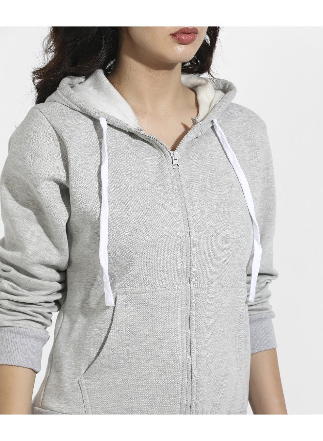 Women's Light Grey Zip-Front Hoodie With Contrast Drawstring