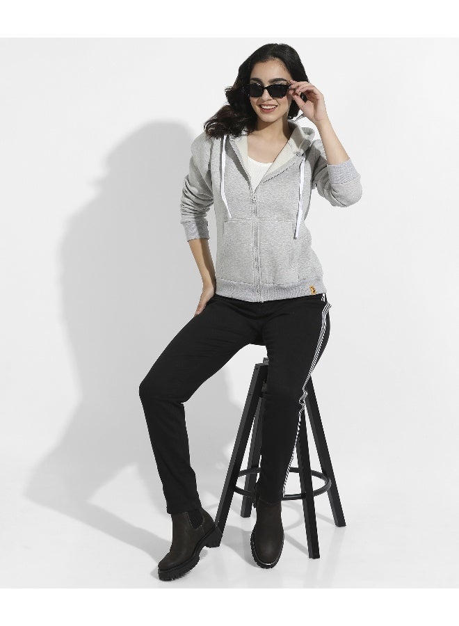 Women's Light Grey Zip-Front Hoodie With Contrast Drawstring