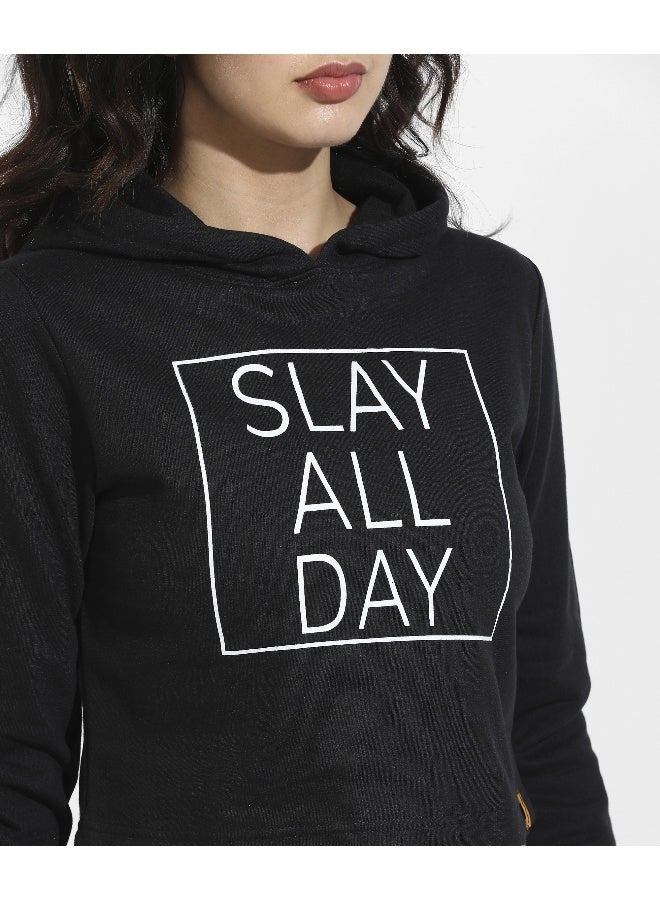 Women's Black Slay All Day Hoodie With Ribbed Hem