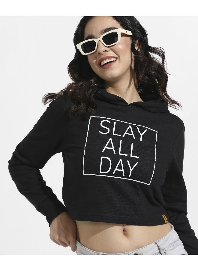 Women's Black Slay All Day Hoodie With Ribbed Hem