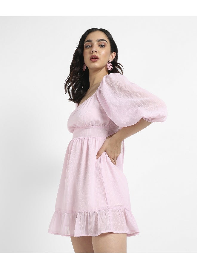 Women's Solid Baby Pink Balloon Sleeve Dress