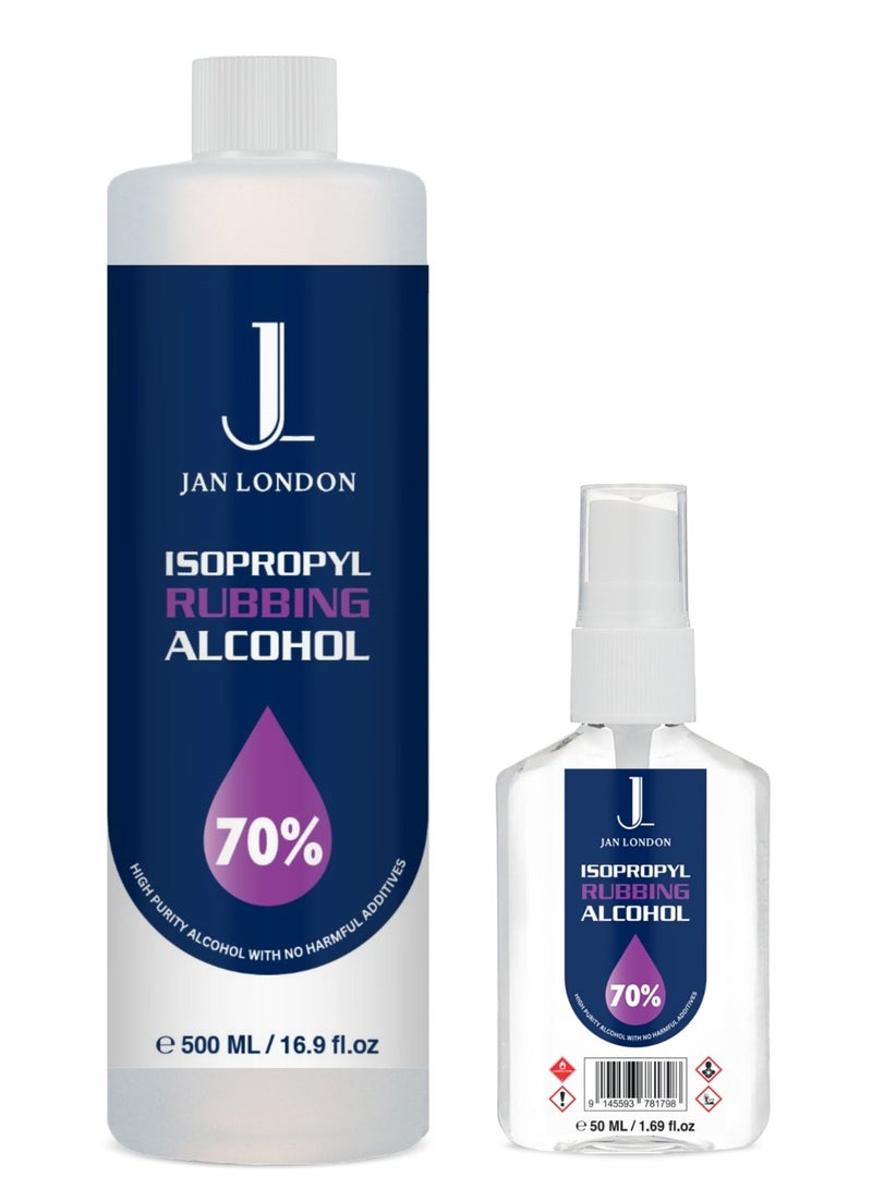 Isopropyl Rubbing Alcohol, IPA 70% – Versatile Antiseptic & Cleaner for Wounds, Surfaces, Electronics – Quick-Drying, Residue-Free, 500ml & 50ml Spray (pack of 2)