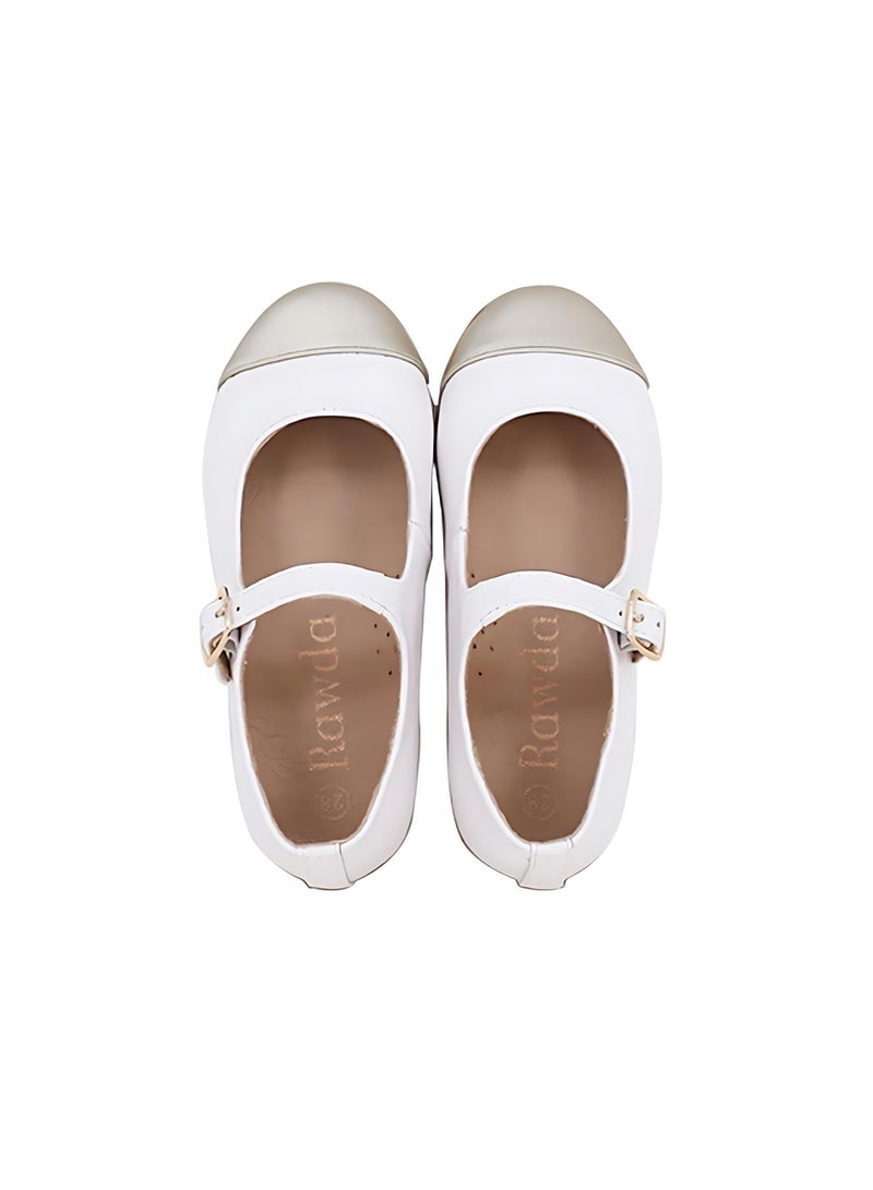 Girls White Flats with Gold Toe Cap