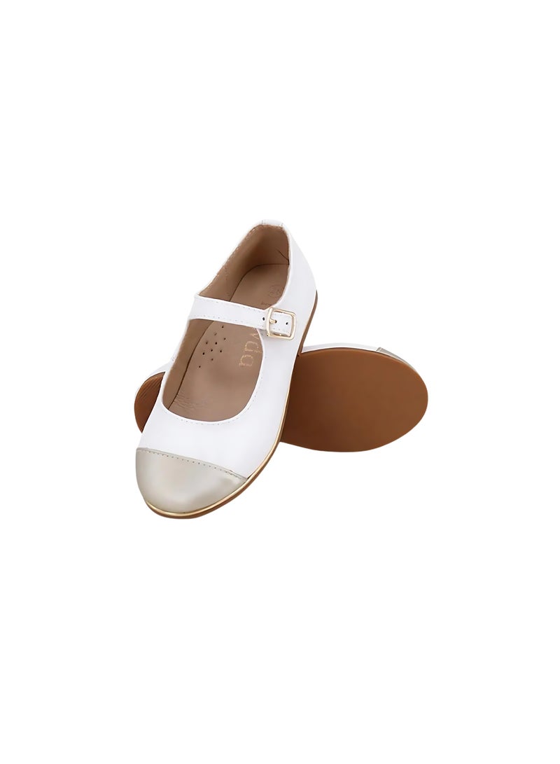 Girls White Flats with Gold Toe Cap