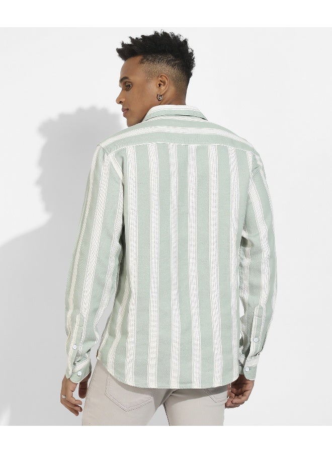 Men's Sage Green & White Contrast Club Striped Shirt