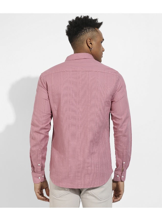 Men's Coral Pink Self-Design Striped Shirt