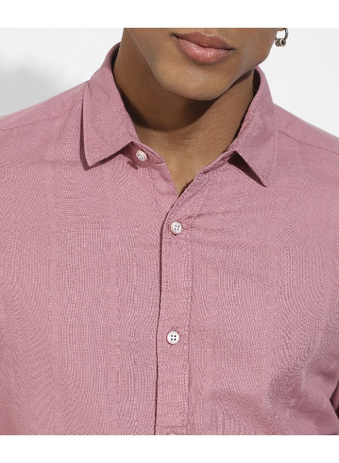 Men's Coral Pink Self-Design Striped Shirt