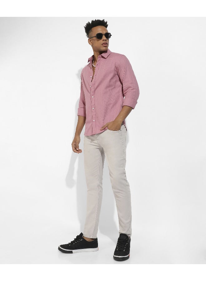 Men's Coral Pink Self-Design Striped Shirt