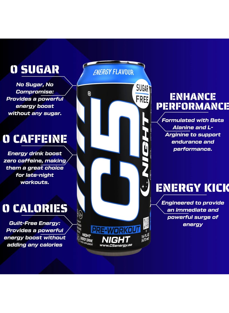C5 Drink Night Energy Flavour, Pre Workout, Zero Caffeine, Sugar Free, Zero Calories with Beta Alanine, L-Arginine 16fl.OZ, 473ml Caffeine Free Preworkout Pack of 12