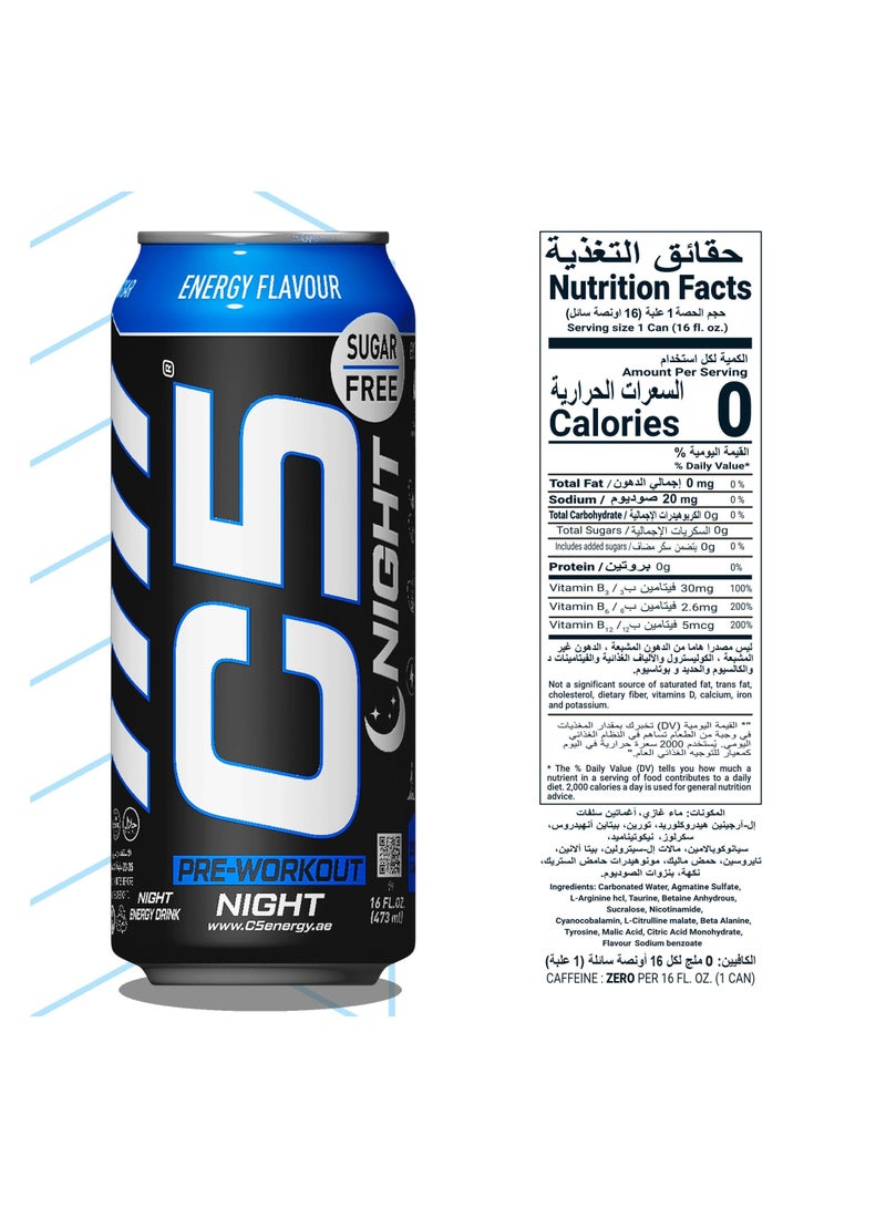 C5 Drink Night Energy Flavour, Pre Workout, Zero Caffeine, Sugar Free, Zero Calories with Beta Alanine, L-Arginine 16fl.OZ, 473ml Caffeine Free Preworkout Pack of 12