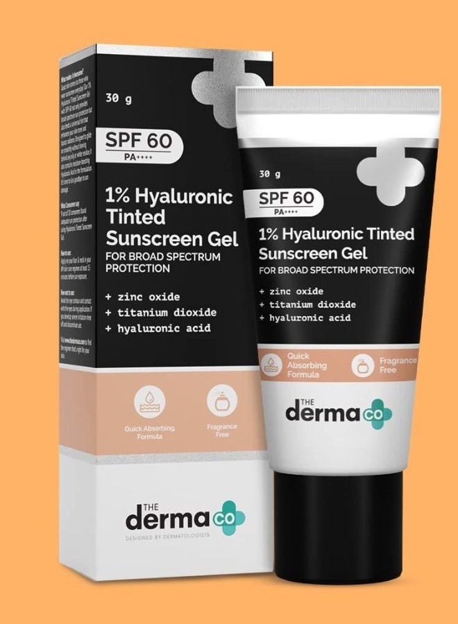 The Derma Co 1% Hyaluronic Tinted Sunscreen For All Skin Types Spf 60 Gel, Pa++++, No White Cast, Lightweight, Broad Spectrum Protection - 30G, Pack Of 1