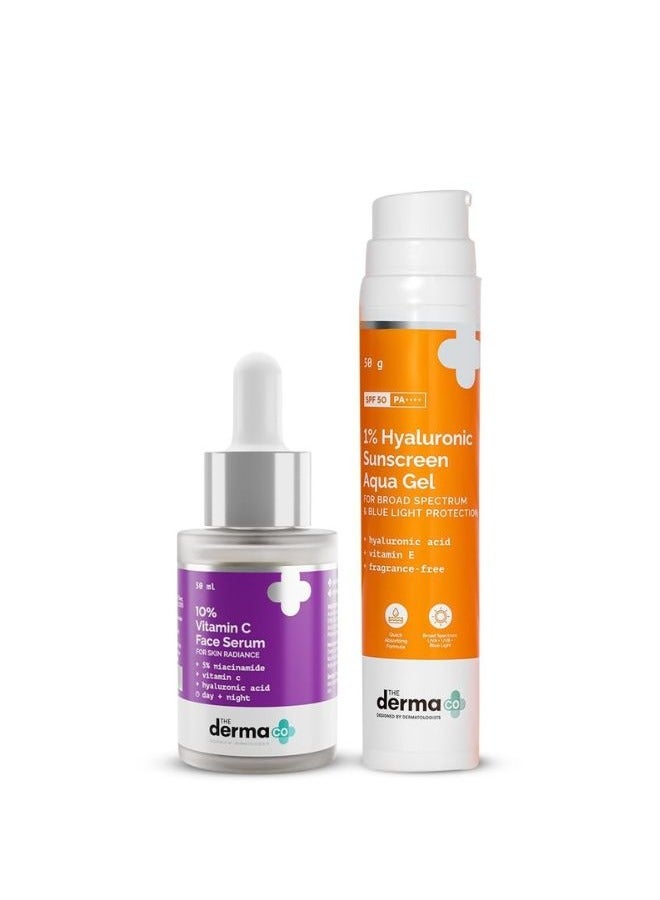 The Derma Co Glow & Protect Combo - 10% Vitamin C Face Serum (30 ml) + 1% Hyaluronic Sunscreen Aqua Gel (50 g)