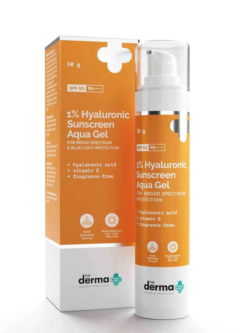 The Derma Co Hyaluronic Sunscreen Aqua Ultra Light Gel With Spf 50 Pa++++ For Broad Spectrum, UV A, UV B & Blue Light Protection For Oily Skin - 50G(Dermaco), Pack Of 1