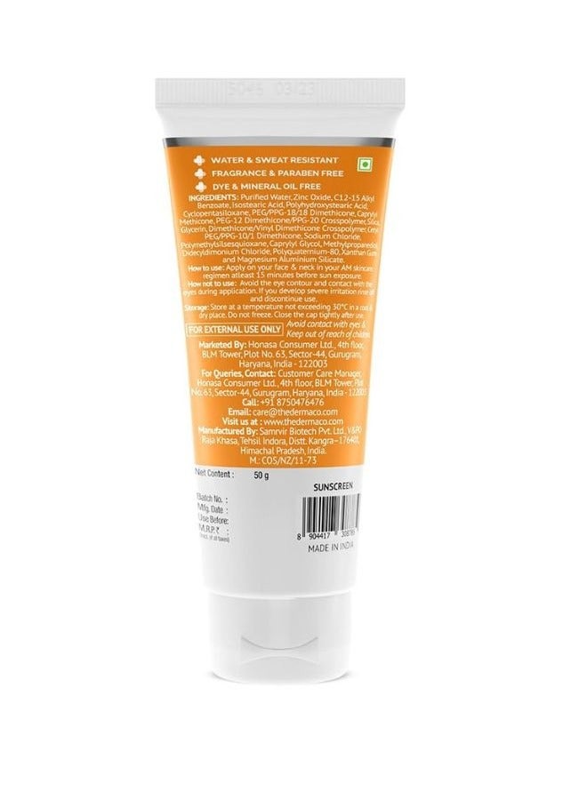 The Derma Co Ultra Light Zinc Mineral Sunscreen I With SPF 50 PA+++ I Water & Sweat Resistant | UVA, UVB & Blue Light Protection I Lightweight & Non- Greasy I No white Cast I For All Skin Type - 50g