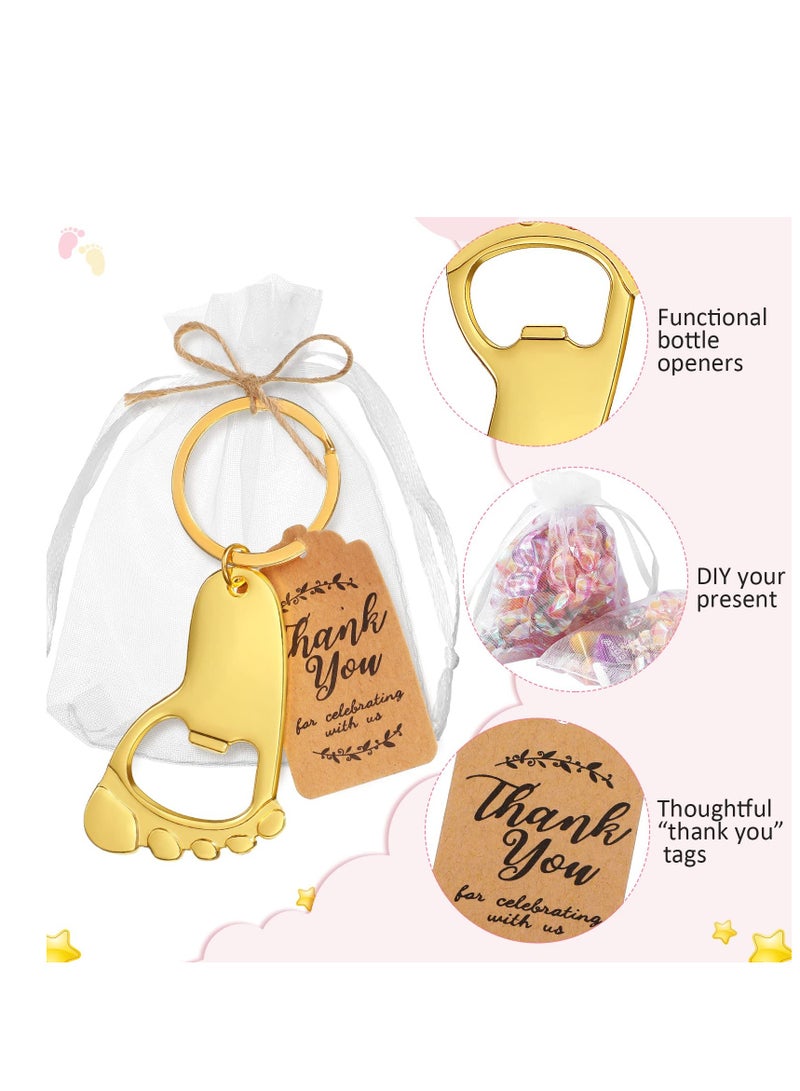 20 Gold Footprint Keychain Bottle Openers for Baby Shower Favors - Guest Souvenirs with Organza Bags, Tags, and Rope Decorations. Perfect for Celebrations and Keepsakes!