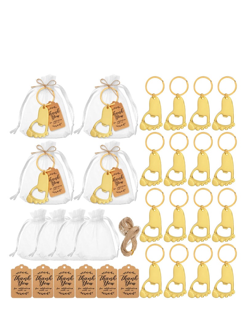 20 Gold Footprint Keychain Bottle Openers for Baby Shower Favors - Guest Souvenirs with Organza Bags, Tags, and Rope Decorations. Perfect for Celebrations and Keepsakes!