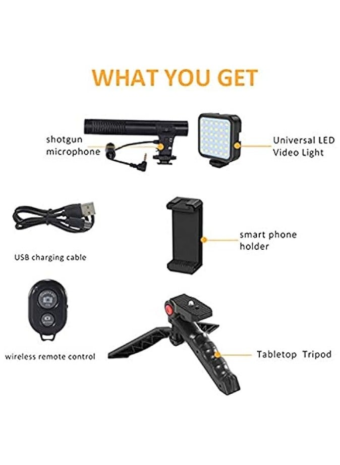 smartphone Vlogging Kit for Starter Video Recording set w/Fill Light + Microphone + Tripod + Phone Clip&Wireless Remote for YouTube Tiktok Filming Instagram Fitness Yoga