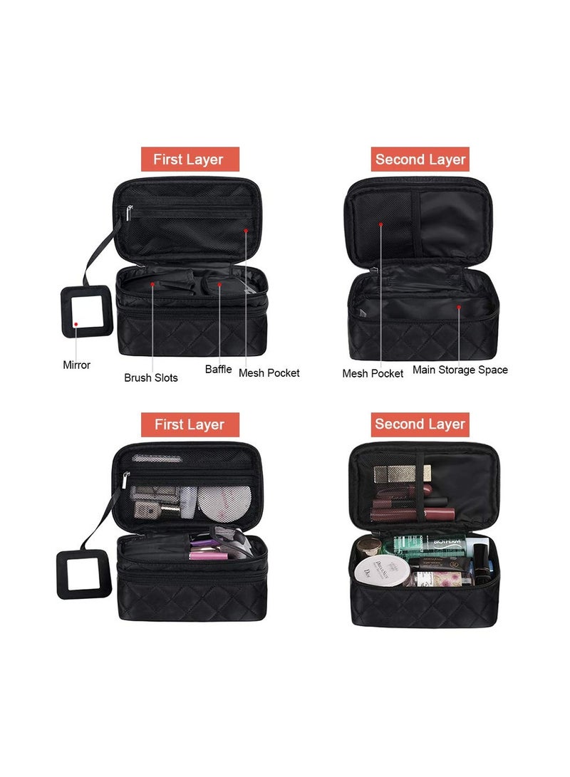 Portable Large Capacity Double Layers Travel Make up Bag With Brush Compartment and Handle