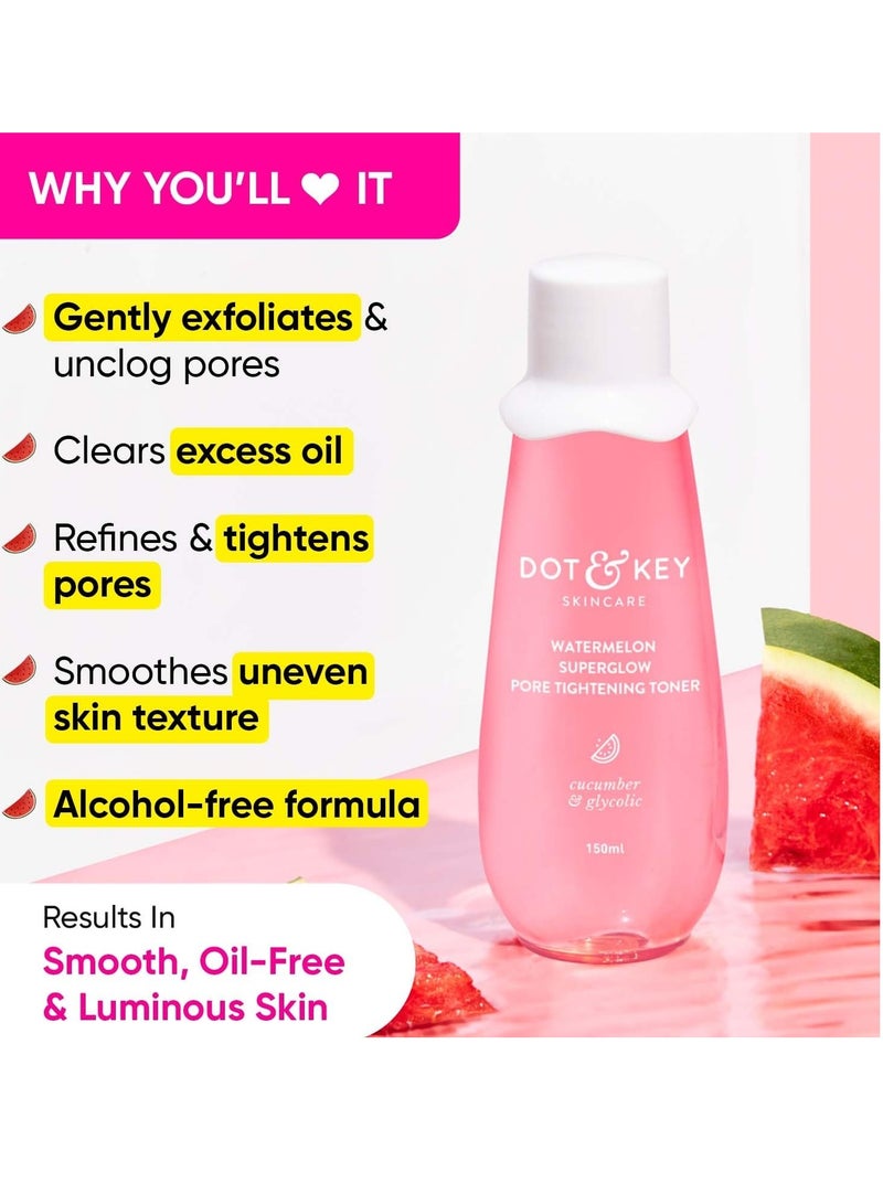 DOT & KEY Watermelon Superglow Pore Tightening Toner|Face Toner For Glowing Skin|Glycolic Toner For Open Pores Tightening|Alcohol Free, Toner For Uneven Skin Tone|For All Skin Types|150 Ml, Pack of 1