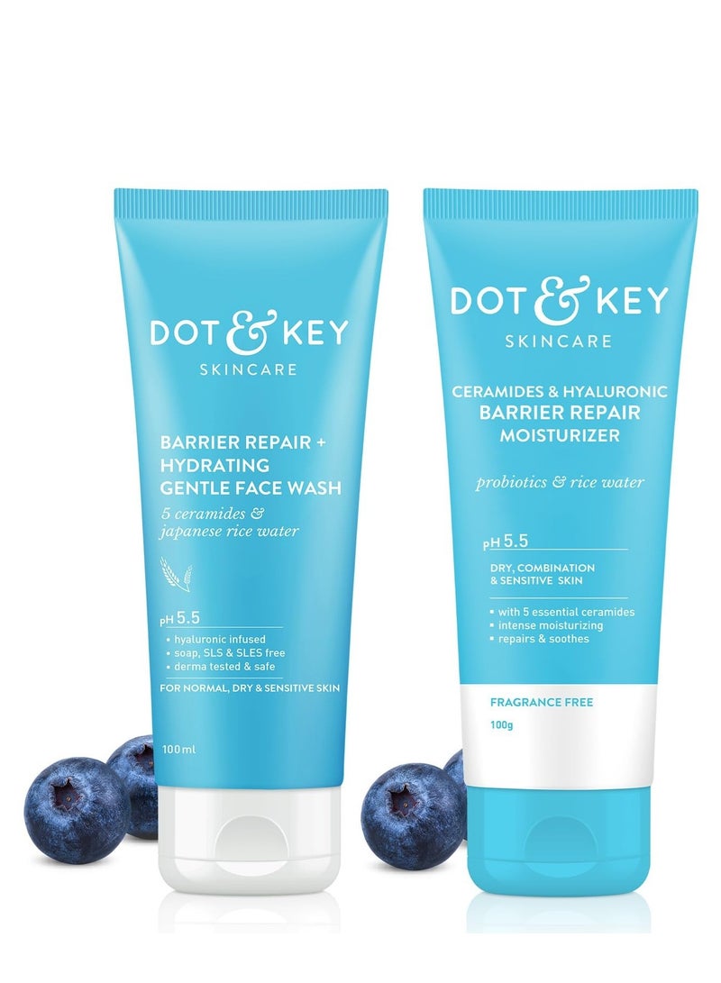 Dot & Key Skin Barrier Repair Combo | Face Wash 100 ml & Face Moisturizer 100g | Daily Skin Care Routine for Dry, Flaky & Sensitive Skin | Non Drying Face Wash & Intense Skin Moisturization | For Women & Men