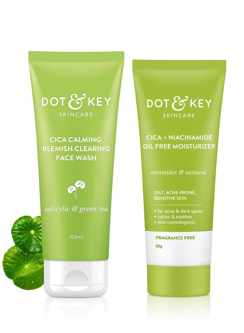 Dot & Key Cica Calming Blemish Clearing Face Wash 100ml & Cica & Niacinamide Spot Reduction Oil Free Moisturizer - 50g | For Acne Prone Skin | Skin Care Combo | For Women & Men