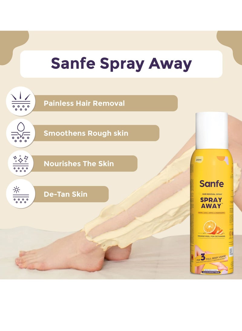 Sanfe Painless & Detan Hair Removal Spray Cream - 200 ml | For Chest, Legs, Arms & UnderArm | Removes Hair in 10 Minutes with Skin Detan | Orange Peel, Aloevera, Vitamin E & Niacinamide