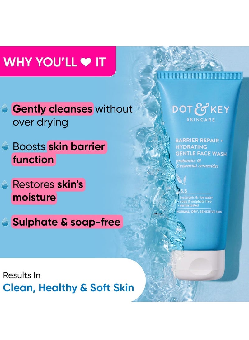 Dot & Key Barrier Repair + Hydrating Gentle Face Wash 100ml & Dot & Key Blueberry Hydrate Barrier Repair Sunscreen SPF 50+ PA++++ 50g | Skin Care Combo | For Dry & Sensitive Skin | For Women & Men