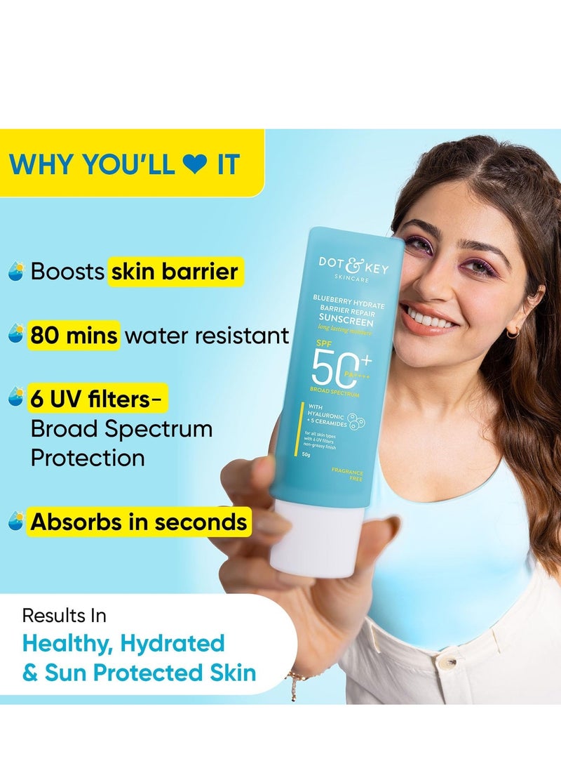 Dot & Key Barrier Repair + Hydrating Gentle Face Wash 100ml & Dot & Key Blueberry Hydrate Barrier Repair Sunscreen SPF 50+ PA++++ 50g | Skin Care Combo | For Dry & Sensitive Skin | For Women & Men