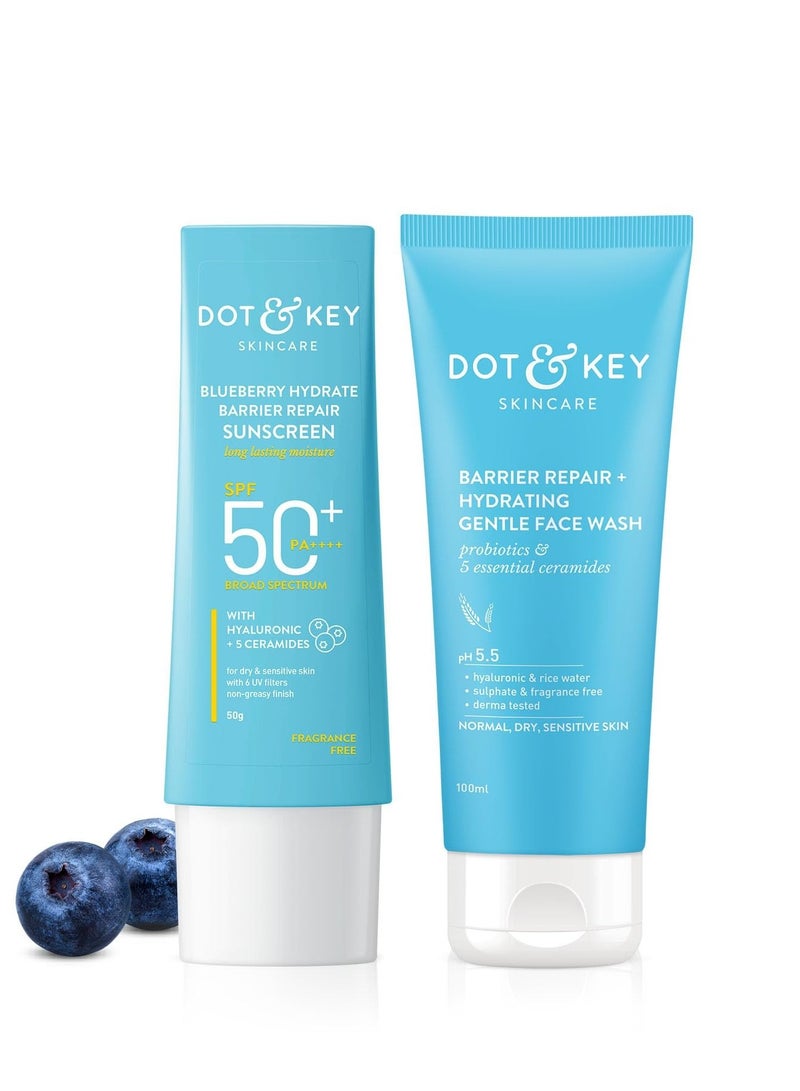 Dot & Key Barrier Repair + Hydrating Gentle Face Wash 100ml & Dot & Key Blueberry Hydrate Barrier Repair Sunscreen SPF 50+ PA++++ 50g | Skin Care Combo | For Dry & Sensitive Skin | For Women & Men