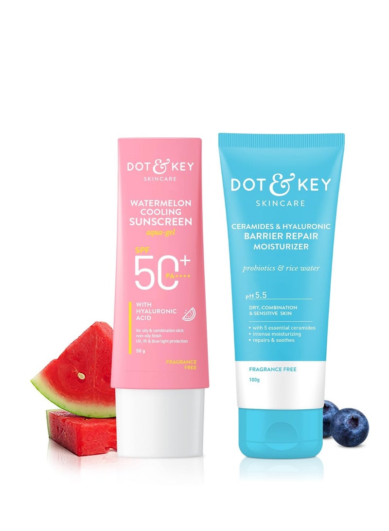 Dot & Key Ceramides & Hyaluronic Skin Barrier Repair + Face Cream-100g & Dot & Key Watermelon Cooling Sunscreen Spf 50 Pa+++ - 50g | For Normal Skin | Skin Care Combo | For Women & Men