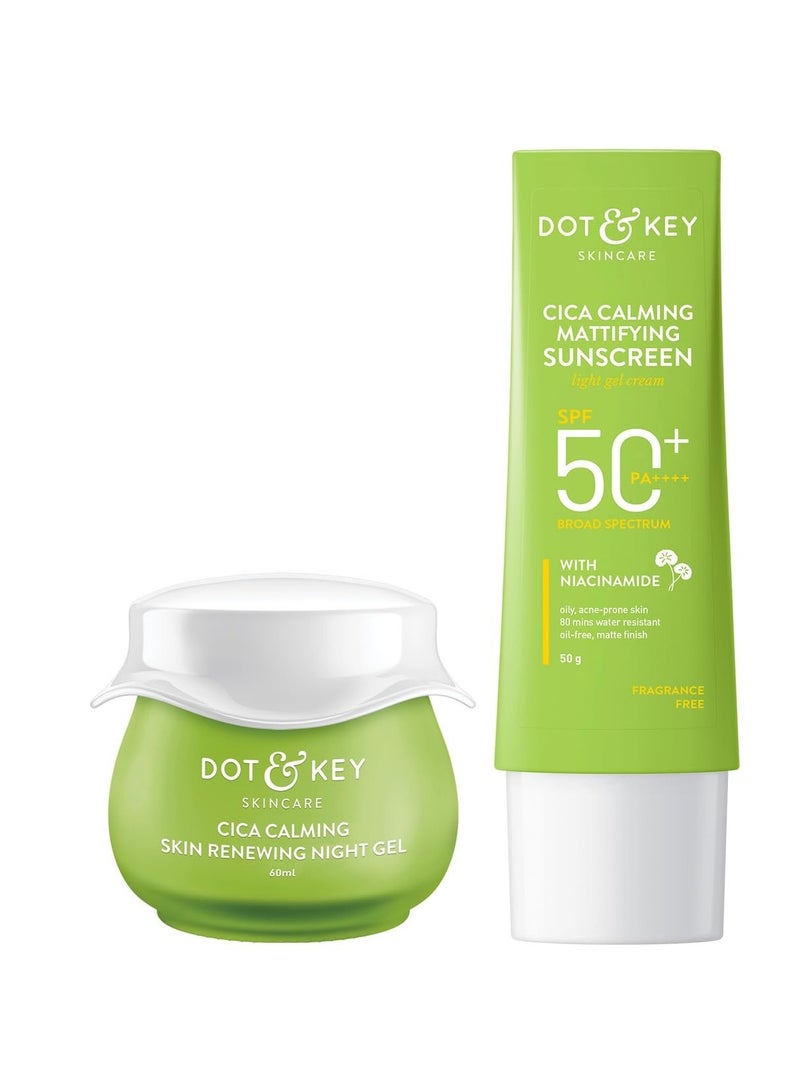 Dot & Key Heal, Soothe & Protect Cica Skin Care Combo (Cica Sunscreen 50gm,spf 50 & Cica Night Gel 60ml) | For Oily, Acne Prone & Sensitive Skin Protect & Care | For Women & Men