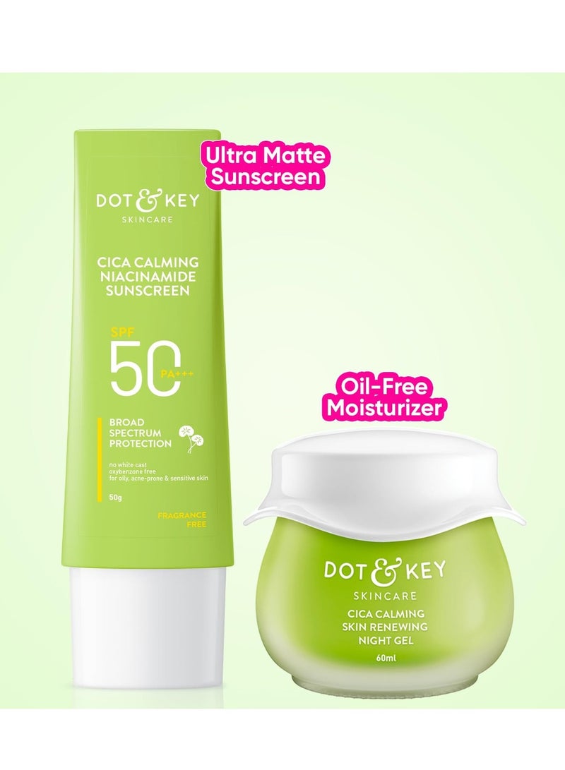 Dot & Key Heal, Soothe & Protect Cica Skin Care Combo (Cica Sunscreen 50gm,spf 50 & Cica Night Gel 60ml) | For Oily, Acne Prone & Sensitive Skin Protect & Care | For Women & Men