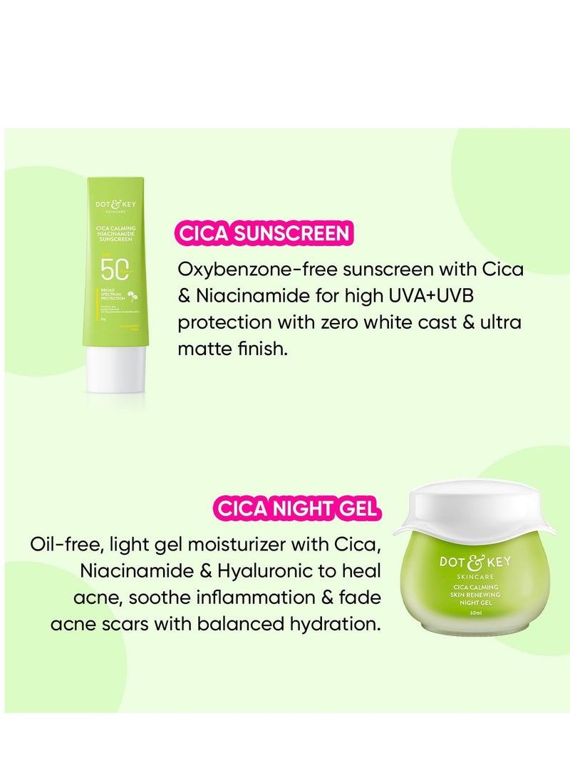 Dot & Key Heal, Soothe & Protect Cica Skin Care Combo (Cica Sunscreen 50gm,spf 50 & Cica Night Gel 60ml) | For Oily, Acne Prone & Sensitive Skin Protect & Care | For Women & Men