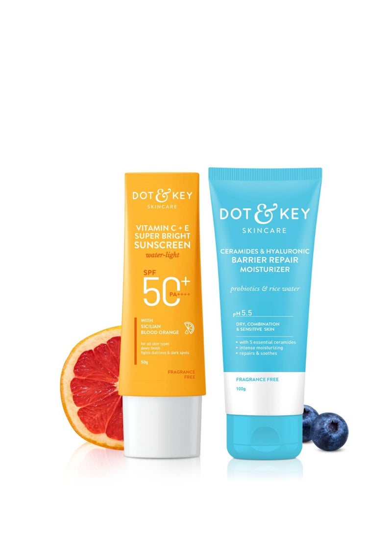 DOT & KEY Ceramides & Hyaluronic Skin Barrier Repair + Face Cream For Dry Skin-100G & Vitamin C+E Super Bright Sunscreen Spf 50 Pa+++ - 50G | For Men & Women, 1 Count