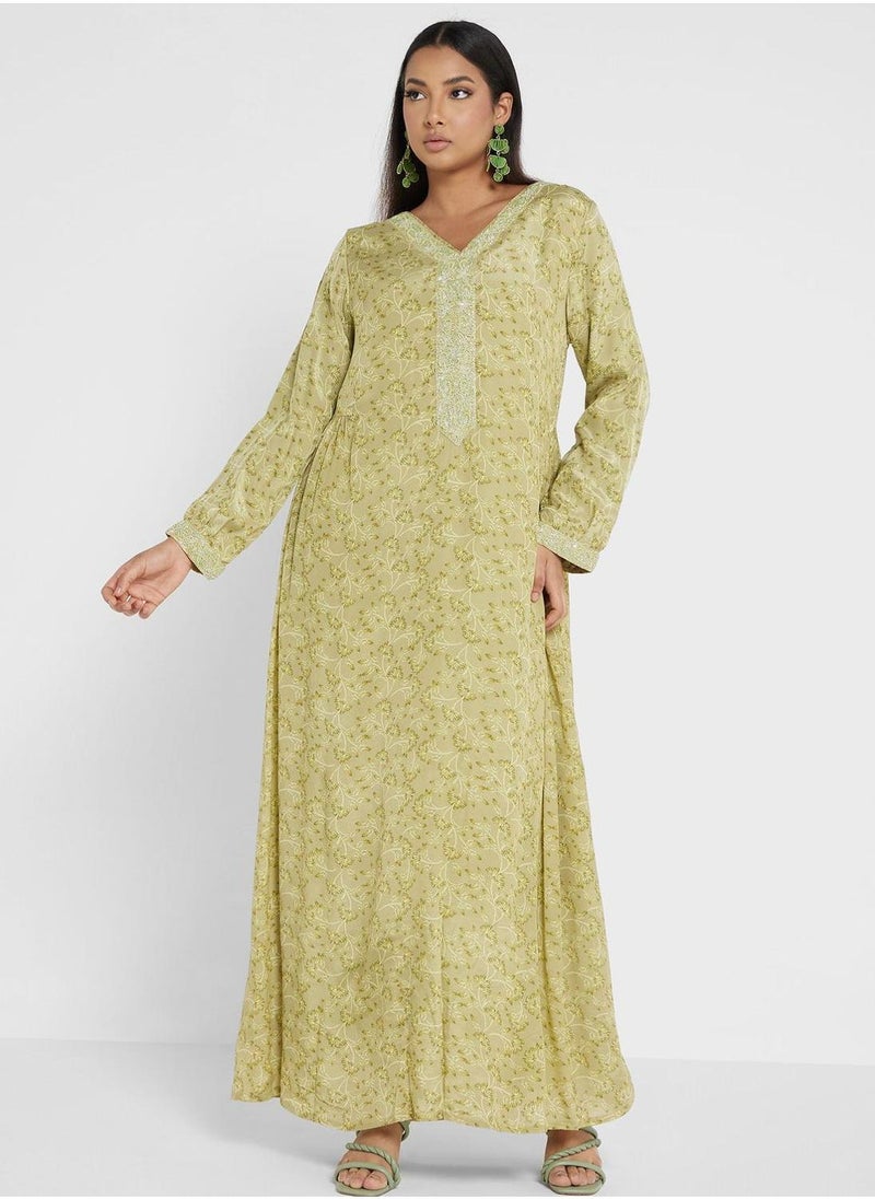 Printed V-Neck Jalabiya