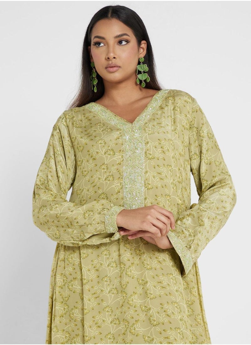 Printed V-Neck Jalabiya