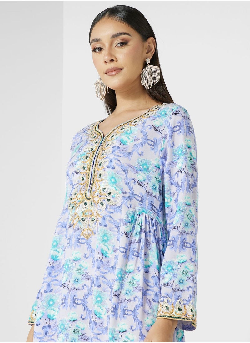 Embroidered Floral Print Jalabiya