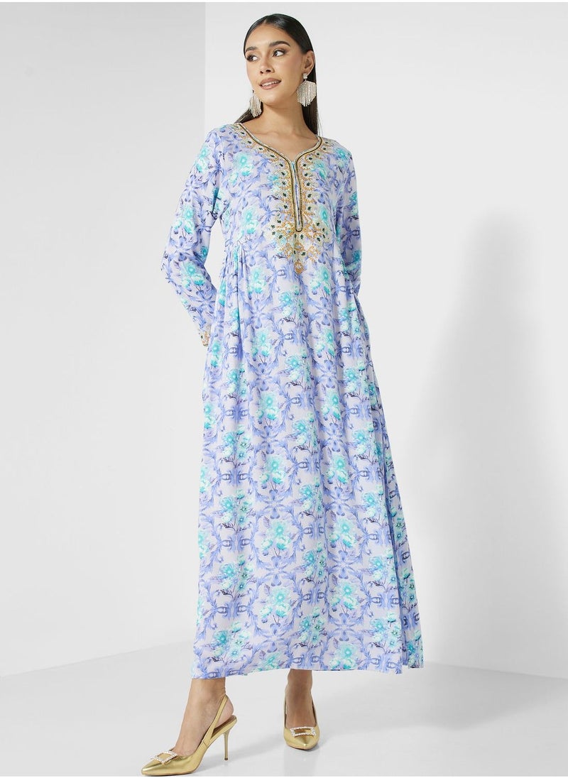 Embroidered Floral Print Jalabiya