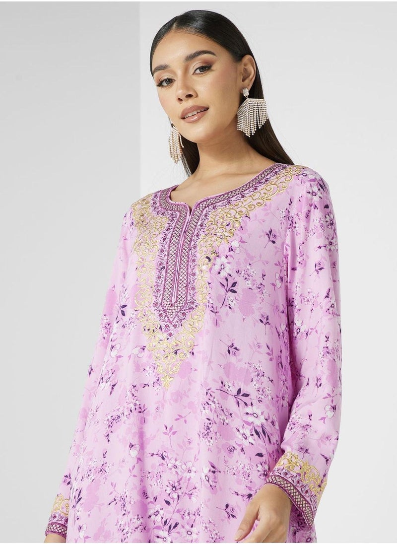 Embroidered Floral Print Jalabiya