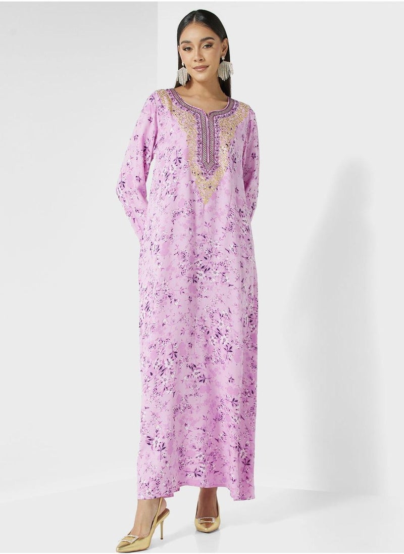 Embroidered Floral Print Jalabiya