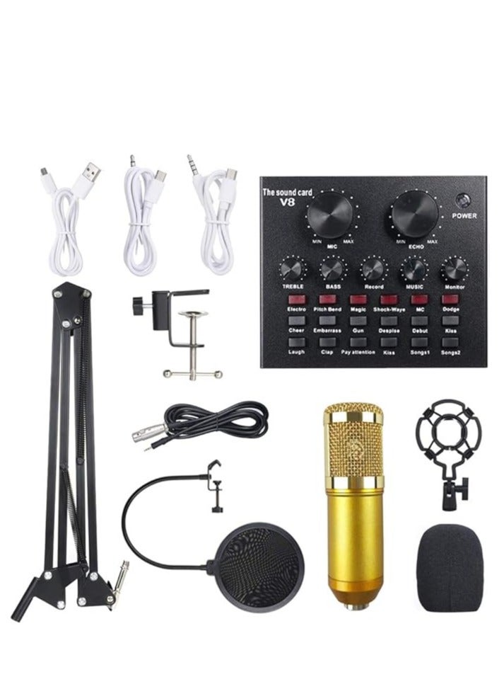 Condenser Microphone BundleMic Kit with Live Sound Card Adjustable Mic Suspension Scissor Arm BM8006 Gold