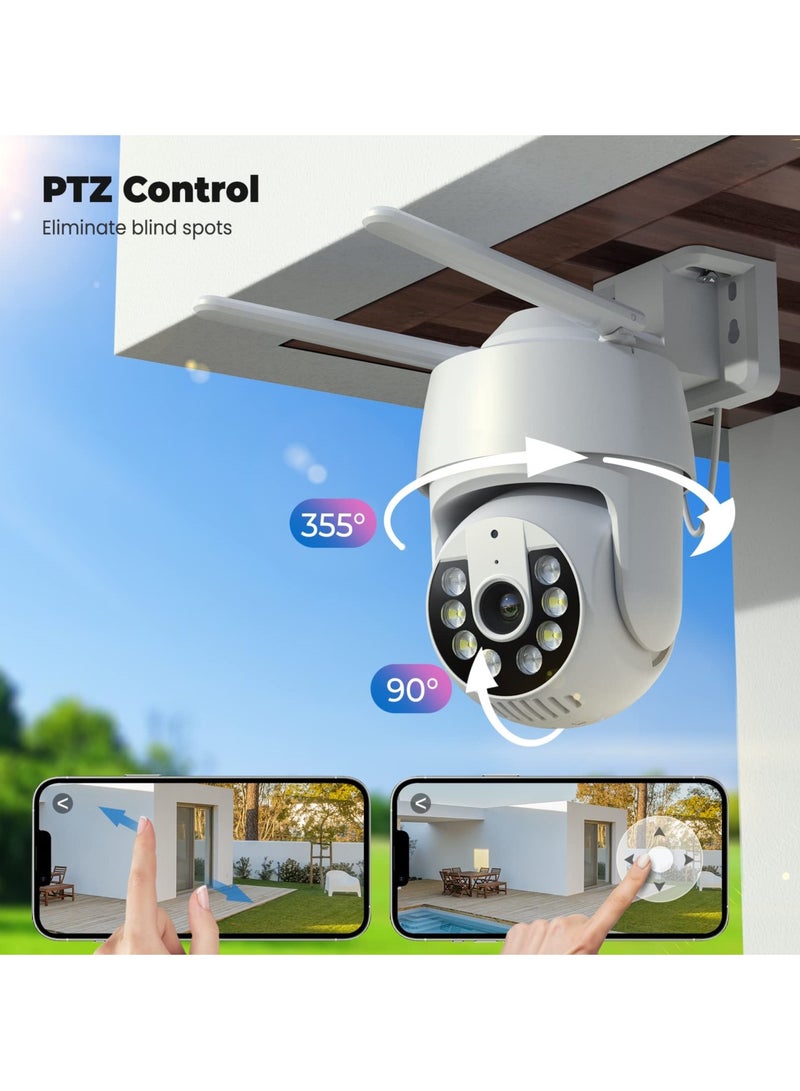 Security Camera Outdoor, 2K Home Security Camera, 360° PTZ WiFi Camera, CCTV Camera with Motion Tracking/PIR Human Detection/All-day Recording/Sound & Light Alarm, Support 16-128G SD Card