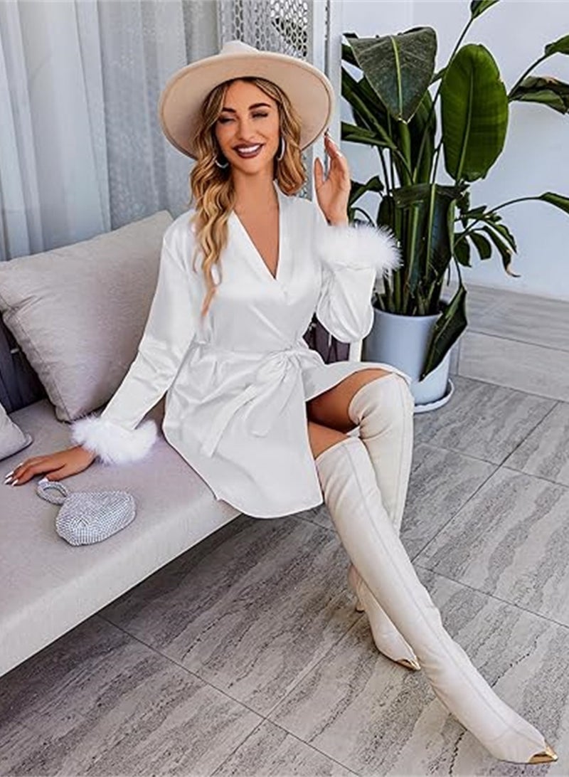 Women's Silky Kimono Robes Bridesmaid Bride Satin Bathrobe Soft Lightweight Kimono Maternity Bathrobe Loungewear Lounging Relaxed Bathrobe for Home Spa White