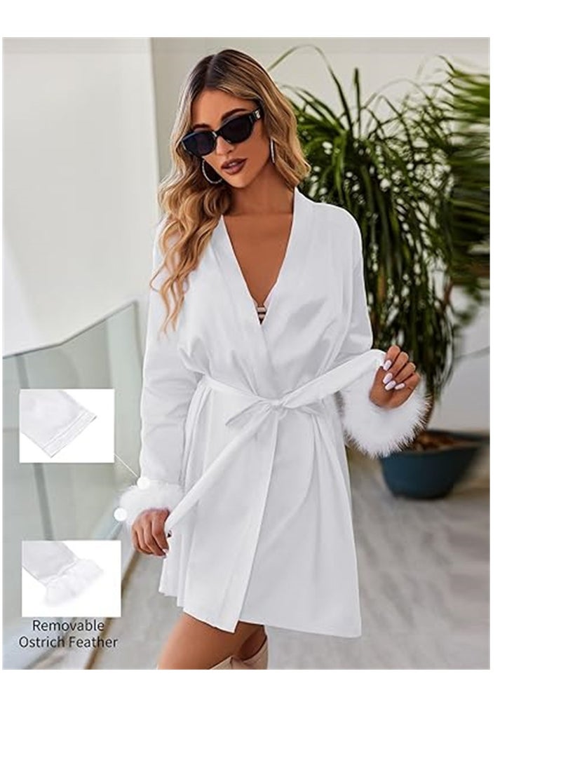 Women's Silky Kimono Robes Bridesmaid Bride Satin Bathrobe Soft Lightweight Kimono Maternity Bathrobe Loungewear Lounging Relaxed Bathrobe for Home Spa White