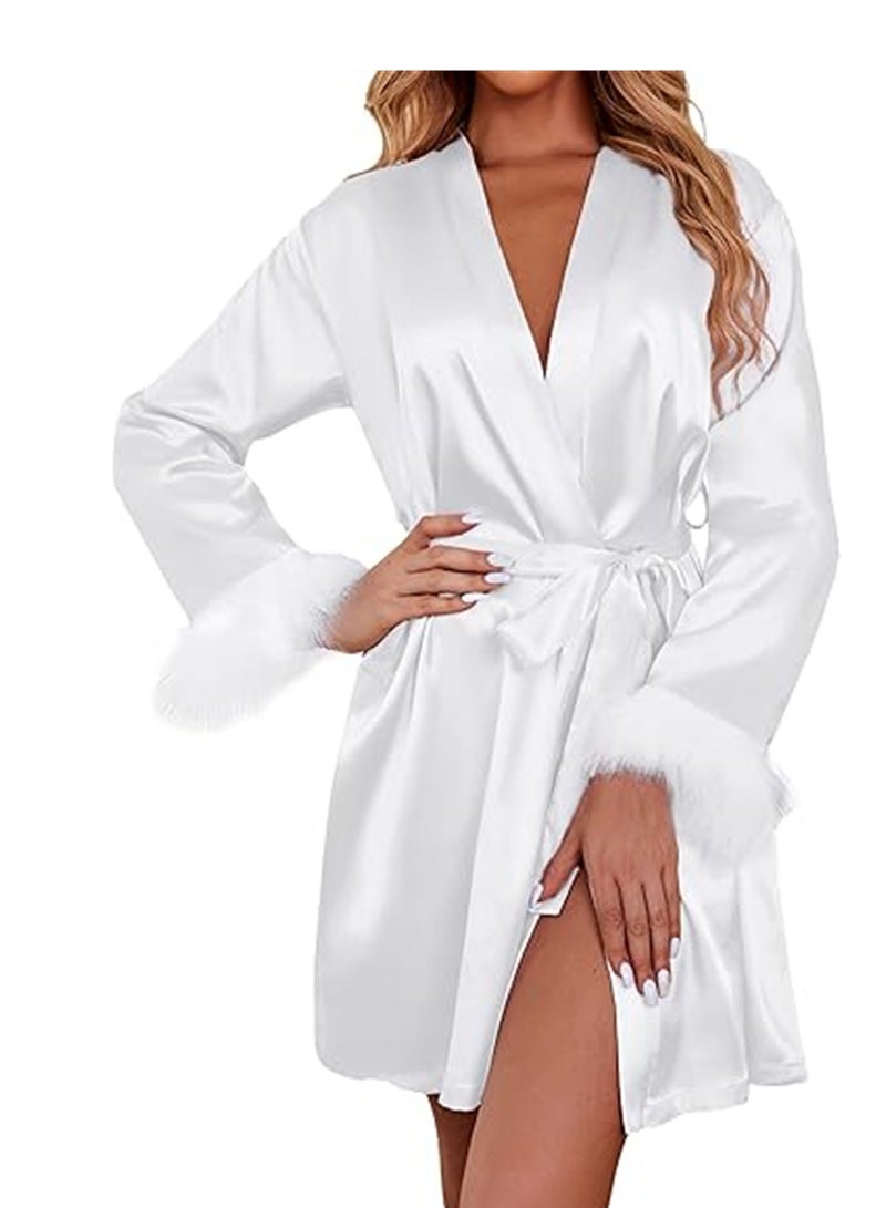 Women's Silky Kimono Robes Bridesmaid Bride Satin Bathrobe Soft Lightweight Kimono Maternity Bathrobe Loungewear Lounging Relaxed Bathrobe for Home Spa White