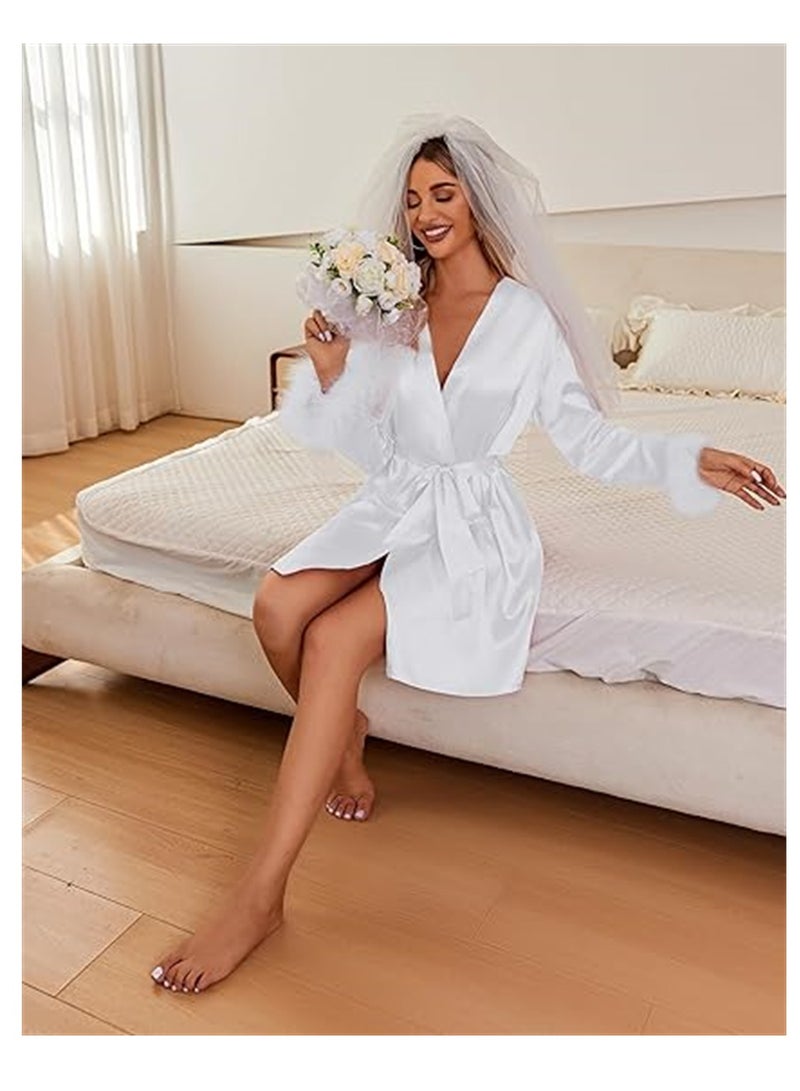 Women's Silky Kimono Robes Bridesmaid Bride Satin Bathrobe Soft Lightweight Kimono Maternity Bathrobe Loungewear Lounging Relaxed Bathrobe for Home Spa White