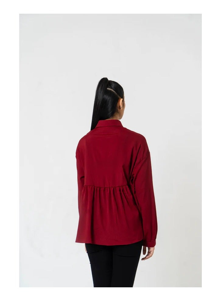 Maroon Collared Ruffle Shirt – Elegant and Stylish Women's Top