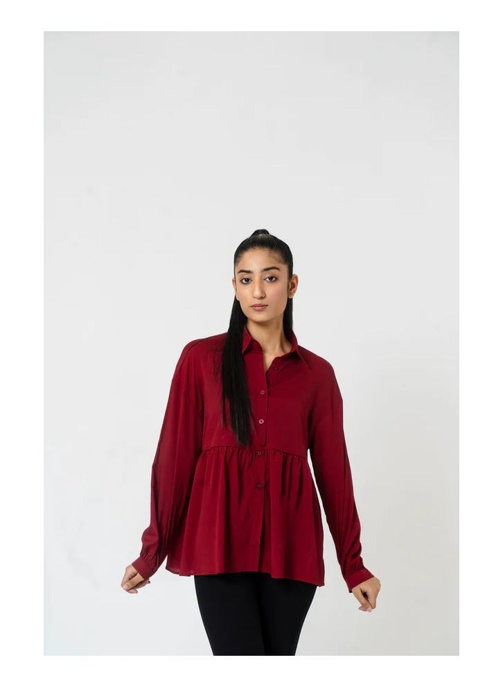 Maroon Collared Ruffle Shirt – Elegant and Stylish Women's Top