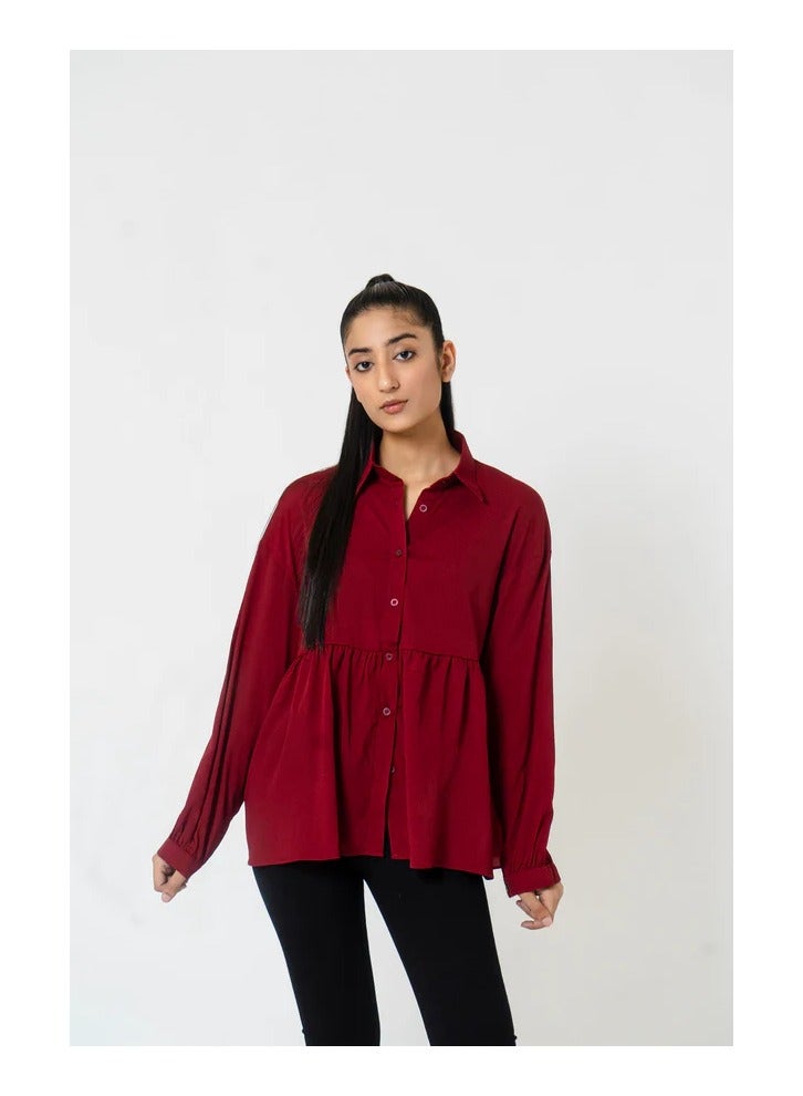 Maroon Collared Ruffle Shirt – Elegant and Stylish Women's Top