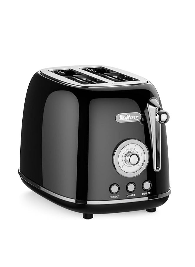 Feller Germany, Retro Style 2-Slice Toaster, 815 W, Steel Body, Steel Dust Cover & Bun Warmer,Defrost, Reheat & Cancel Function,Removable Crumb Tray, TO290, (Glossy Black)